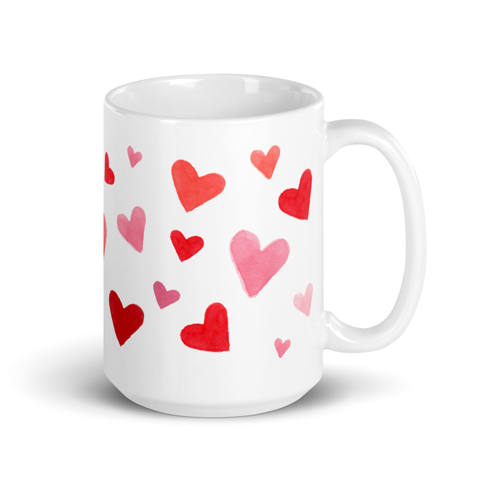 Watercolor Heart Mug – Hand-Painted Pink & Red Hearts Coffee Cup, Valentine Gift, Romantic Ceramic Mug