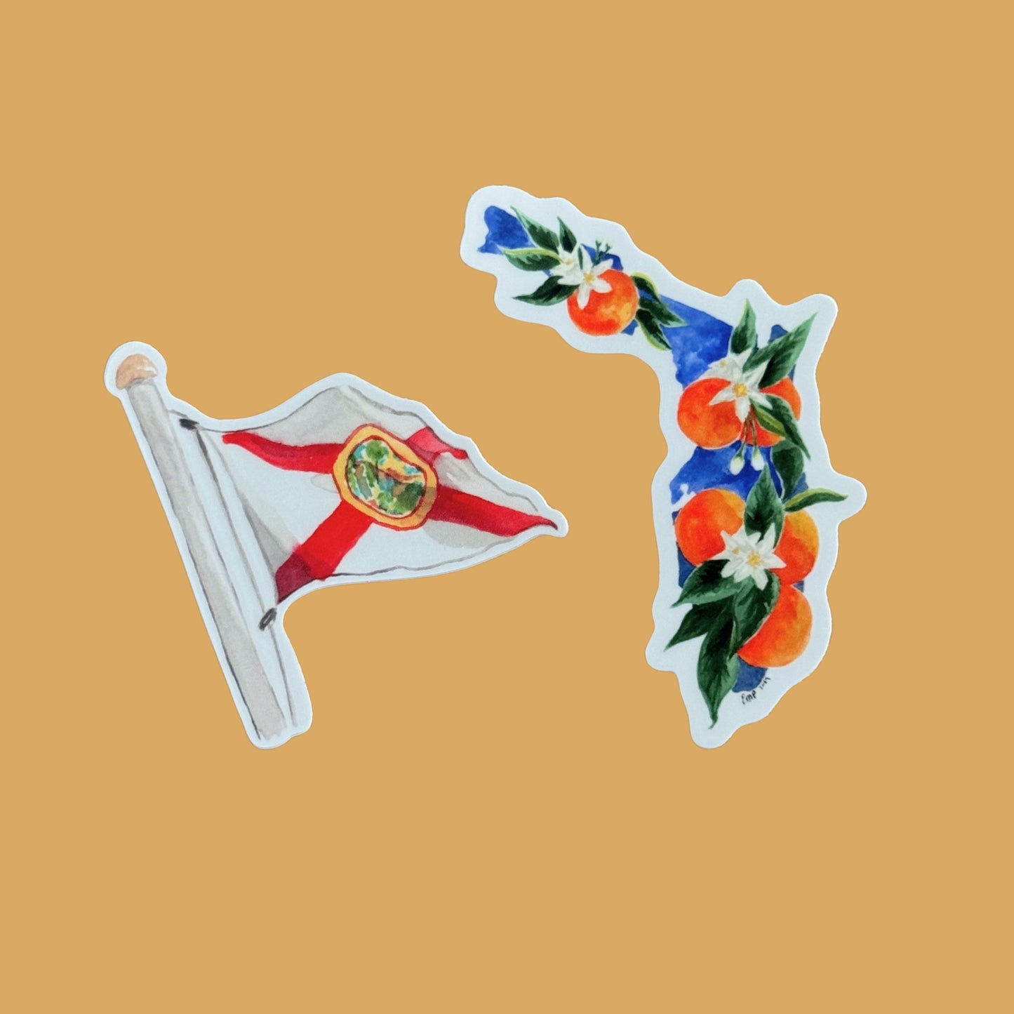 Florida State Stickers – Watercolor Florida Flag & Citrus Map Vinyl Stickers