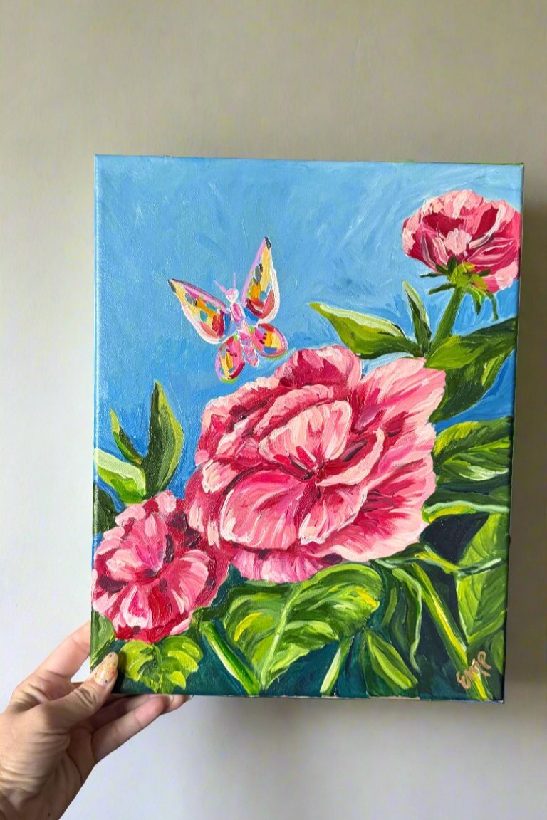 Peonies with Butterfly Acrylic Painting II