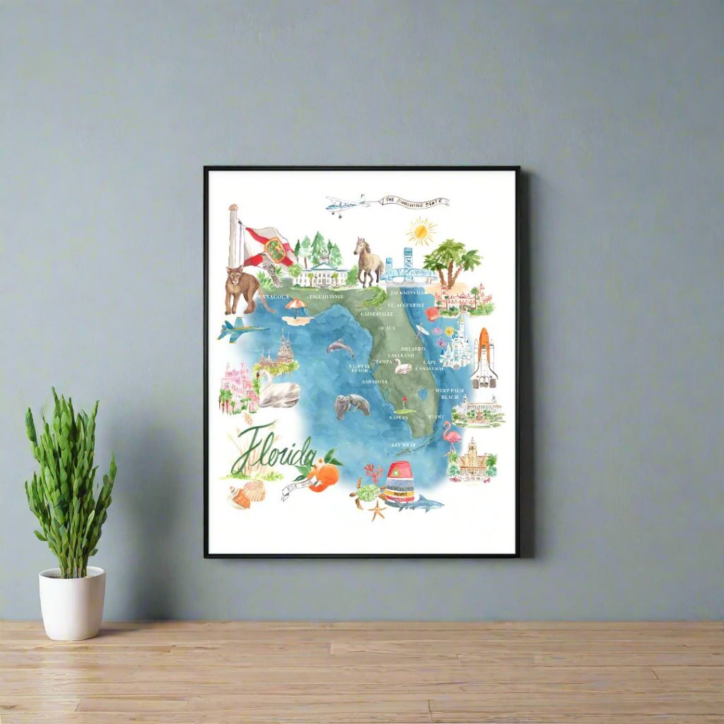 Watercolor Map of Florida Poster - 16" x 20"