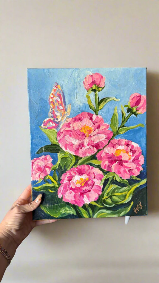 Peonies with Butterfly Acrylic Painting