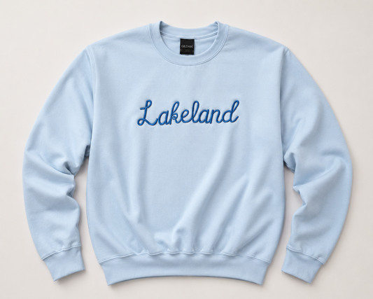 Lakeland Embroidered Sweatshirt | Light Blue Gildan Heavy Blend Crewneck | Florida Cozy Pullover
