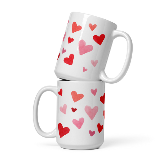 Watercolor Heart Mug – Hand-Painted Pink & Red Hearts Coffee Cup, Valentine Gift, Romantic Ceramic Mug